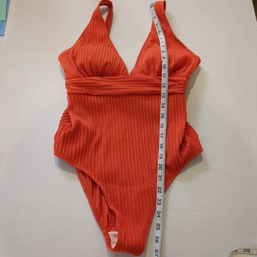 Cupshe Women's One Piece Swimsuit Plunge Ruffled Tummy Orange NWT , Size L